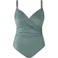 Teal women's 1-piece swimsuit with ruched wrap design, adjustable straps, and gold-tone accents by Brigitte Bardot Zingaro.