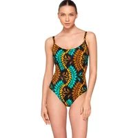 Women's 1-piece swimsuit Luna Emerald with vibrant green and yellow leaf pattern, thin straps, scoop neckline.
