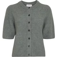 Gray women's 2/4 sleeve cardigan with ribbed texture and black buttons by Moss Copenhagen.
