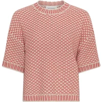 Pink and white textured knit sweater with short sleeves and ribbed crew neckline.