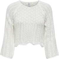White knit women's 3/4 sleeve pullover with scalloped hem and textured pattern by Only Nola.