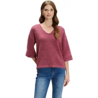 Women's 3/4 sleeve wool pullover in dusty pink with a V-neck and relaxed fit.