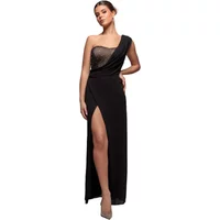 Asymmetrical black chiffon maxi bodycon dress with one shoulder design and thigh-high slit by Goddiva.
