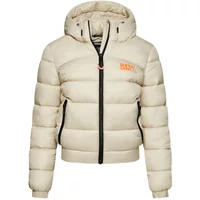 Beige women's aviator jacket by Superdry Sports, quilted design, hooded with black zipper and orange logo on chest.