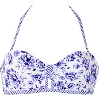 White and purple floral bandeau swimsuit top with halter strap and keyhole detail, Brigitte Bardot Mythe design.