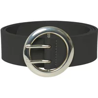 Black women's belt with large silver circular buckle, by Ichi Accessories.
