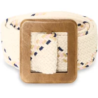 Cream woven women's belt Ichi IHFille with square brass buckle and subtle navy and pink accents.