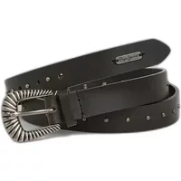 Black leather women's belt by Pepe Jeans with silver stud accents and a textured silver buckle.