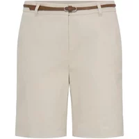 Beige women's Bermuda shorts by b.young with a brown belt and front zipper closure.