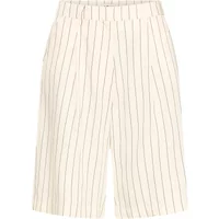 White Bermuda shorts by Ichi with vertical black pinstripes and an elastic waistband.