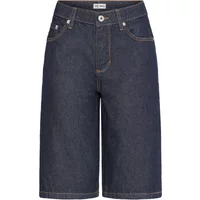 Dark denim women's Bermuda shorts by Ichi Kirsten with front pockets and button closure.