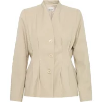 Beige women's blazer by Ichi Givana with a mandarin collar and three-button front.