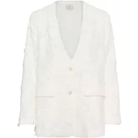 White women's blazer KAFFE Lena with deep V-neck, two buttons, and front pockets.