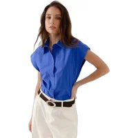 Blue short-sleeve women's blouse by Artlove Adama, featuring a collared neckline and button-up front.