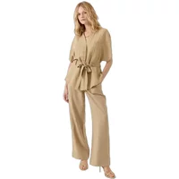 Beige women's blouse by Artlove Meolya, short sleeves, button-up, waist tie, paired with matching wide-leg pants.
