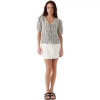 Gray Artlove Neliane women's blouse with short puff sleeves, V-neck, and button front detail.