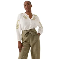 White women's blouse Artlove Opheria with embroidered gold paisley design and button-up front.