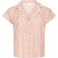 Striped pink blouse by Atelier Rêve with short sleeves, button-down front, and ruffled collar detail.