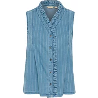 Sleeveless blue blouse with vertical stripes, ruffled V-neck, and button-down front.