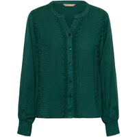 Green CULTURE Lonia women's blouse with button front, ruffled trim, and long sleeves.