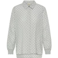 White women's blouse with small black polka dots, long sleeves, and a classic collar.