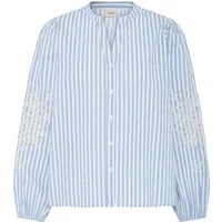 Blue and white striped women's blouse with long sleeves and delicate lace detailing on the arms.