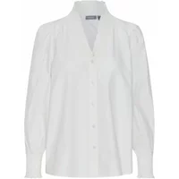 White fransa FRPops 2 women's blouse with long sleeves, button-up front, and a V-neck collar.