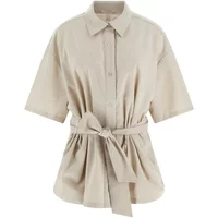Beige Guess Raquel women's blouse with short sleeves, button-up front, and waist tie belt.