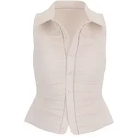 Beige sleeveless Guess Robyn blouse with button-down front and collared neckline.