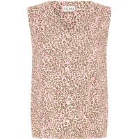 Sleeveless women's blouse by Ichi Aya, featuring a pink and brown floral pattern on a light background.
