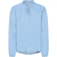 Light blue women's blouse by Ichi with long sleeves, round neck, and tie detail at the neckline.