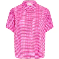 Pink checkered short-sleeve blouse with a collared neckline and button-up front.