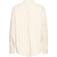 Cream blouse with vertical black stripes, long sleeves, and a pleated back detail.