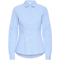 Light blue women's blouse by Ichi with white vertical stripes, long sleeves, and a pointed collar.