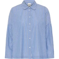 Blue and white striped women's blouse by Ichi with long sleeves and a button-up front.