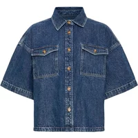 Denim women's blouse Ichi IHKamina with short sleeves, button-down front, and two chest pockets.