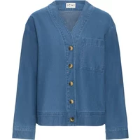 Blue denim women's blouse by Ichi, V-neck, button-up front, long sleeves, chest pocket.