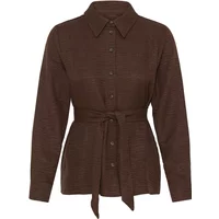 Brown Ichi IHKativo women's blouse with long sleeves, button-up front, and waist tie belt.