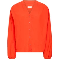 Bright orange women's blouse by Ichi with long sleeves, V-neck, and button-up front.