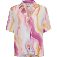 Women's blouse Ichi IHRulla, short-sleeved with pink, yellow, and orange abstract pattern, button-up front.