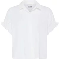 White women's blouse by Ichi with short ruffled sleeves and a classic collar.
