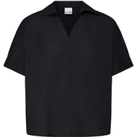 Black short-sleeve women's blouse by Ichi Imana with a collared V-neck design.