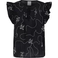 Black Ichi Jana women's blouse with white abstract pattern and ruffled cap sleeves.