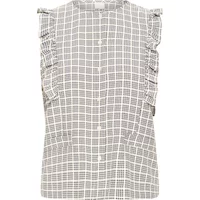 Plaid Ichi Jola women's blouse with ruffled sleeves, button-down front, and round neckline.