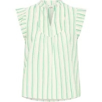 White sleeveless blouse with green vertical stripes and a V-neckline by Ichi Jovil.