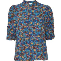 Blue floral Ichi Vivi women's blouse with short puff sleeves and a round neckline.