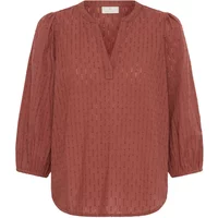 Rust-colored women's blouse KAFFE Bea with V-neck, subtle texture, and three-quarter sleeves.