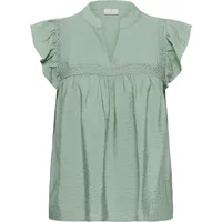 Green women's blouse by Kaffe, short ruffled sleeves, V-neck, and pleated front detail.