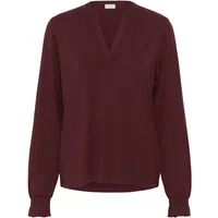 Women's blouse KAFFE Charlotte Ea, deep burgundy, V-neck, long sleeves, relaxed fit, subtle ruffled cuffs.