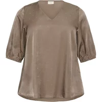 Brown satin women's blouse with V-neck and elbow-length puff sleeves by KAFFE Curve Ada.